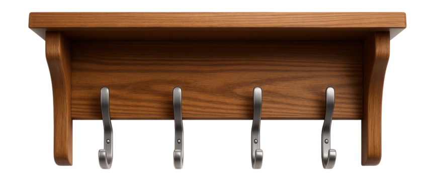 Wooden-framed hat shelf with metal hooks, perfect for entryway organization.