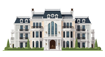 Fototapeta premium Architectural rendering showcasing a grand residential mansion with manicured lawn and decorative elements with bright and inviting design