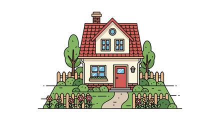 Charming illustrated house amidst lush garden, evokes serene suburban living and peaceful retreat, perfect for greeting cards or home decor projects