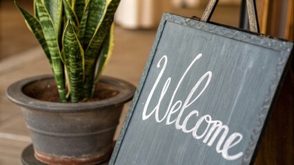 Safari Baby Shower Decor concept. A welcome sign next to a potted plant, creating a warm and inviting atmosphere.