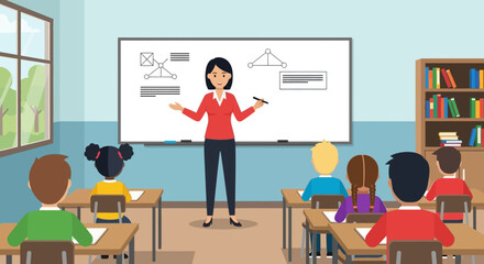 A diligent teacher explaining a complex diagram on the whiteboard to attentive students in a classroom setting, depicting a learning environment