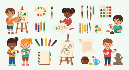Children Creating Art and Craft Projects with Various Supplies, Including Drawing, Painting, and Coloring