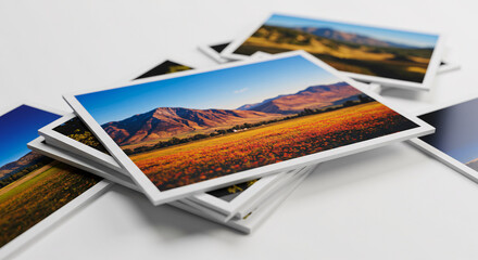 A large collage of photos on an office wall, depicting travel, finance, and technology concepts, illustrates business strategies for money and internet success