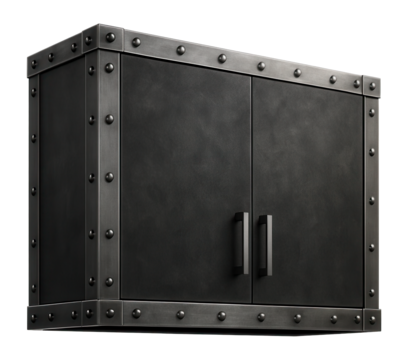 Industrial hanging cabinet with visible metal rivets, perfect for a loft-style space.