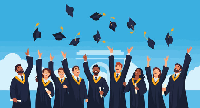 Joyful graduates celebrating their academic success, tossing caps high into the air against a campus backdrop, marking a significant milestone