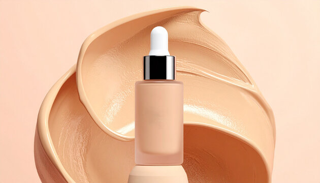 Elegantly presented liquid foundation bottle with a dropper, surrounded by rich, creamy cosmetic product swirls on a gentle background, perfect for beauty and makeup concepts