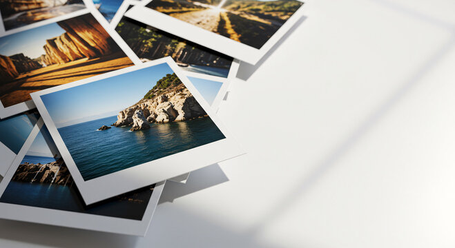 A casual pile of printed photos lying on a white background
