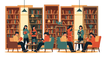 Readers in a Library A Serene Scene of People Enjoying Books in a Cozy Reading Room