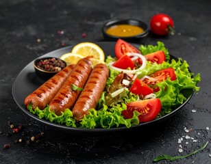 Grilled sausages, vibrant salad, and condiments arranged on a black plate
