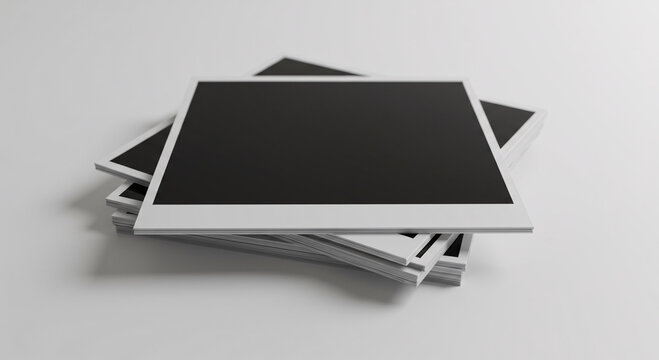 Blank photo frames on the office desk with a laptop and digital communication icons