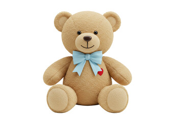 Cute brown teddy bear with blue bow tie and red heart isolated, soft toy for kids and decoration PNG