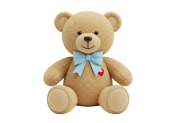 Cute brown teddy bear with blue bow tie and red heart isolated, soft toy for kids and decoration PNG