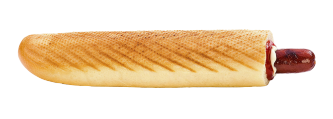 French hot dog with grilled sausage and sauce isolated on black