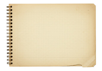 Old graph paper notebook isolated on white, vintage squared paper sheet for notes and sketches with spiral binding