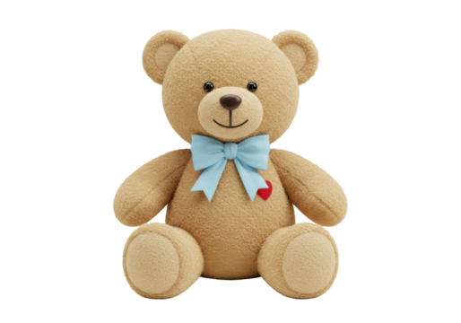 Cute brown teddy bear with blue bow tie and red heart isolated, soft toy for kids and decoration PNG