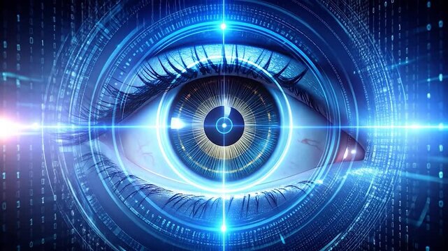 Digital eye with blue binary code and circular patterns around it