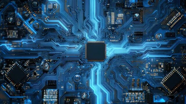 Digital Brain: Illustrative view of a sophisticated computer motherboard with radiant lines of electric circuits, showing the complexity of modern computing.