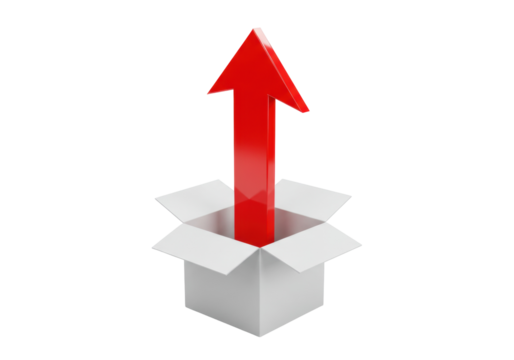 Red arrow coming out of a box isolated on transparent background, growth and success concept