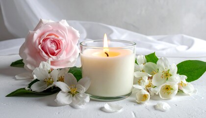 Soft pink rose, white candle, and jasmine flowers