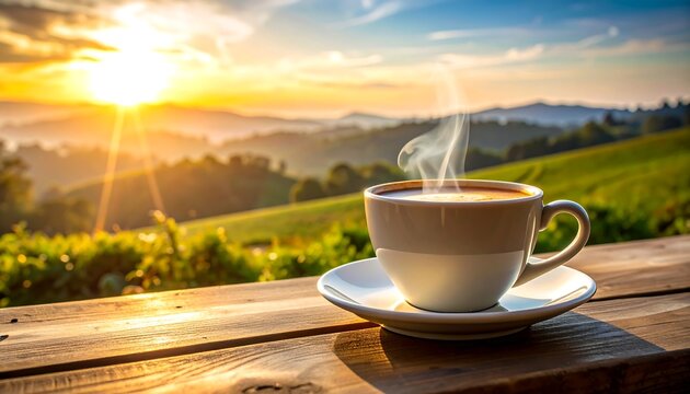 Coffee cup steams in front of scenic sunrise and mountains - Powered by Adobe