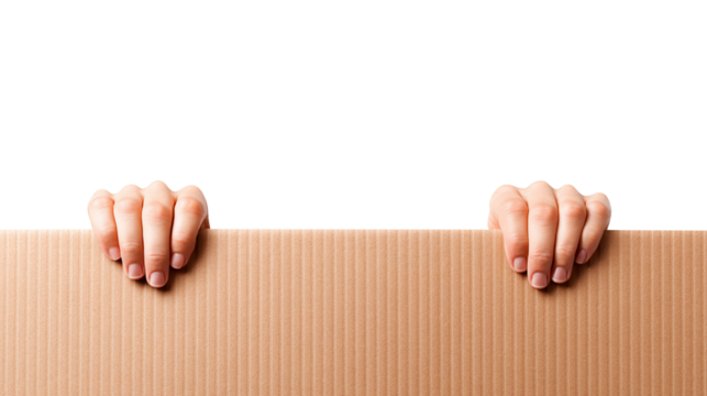 Hands Holding Corrugated Board, Transparent Background Realistic Object Showing Wavy Surface Texture