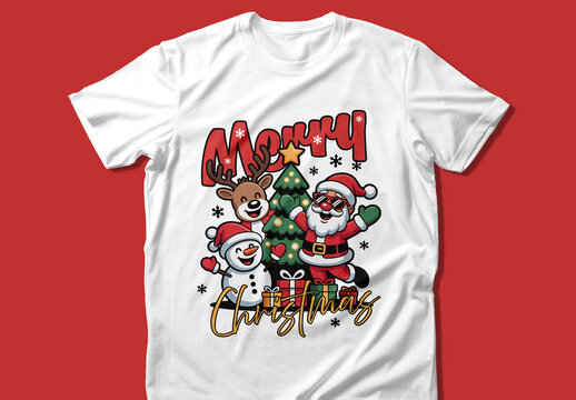 Festive Happy Christmas Tshirt Design Template with Typography and Illustration Art