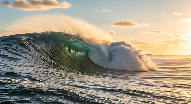A powerful ocean wave curls and breaks under a golden sky during sunrise or sunset, with sunlight illuminating the water.