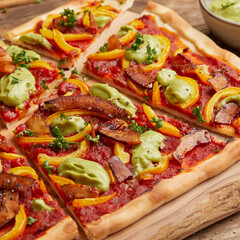 Pizza with coconut bacon and avocado