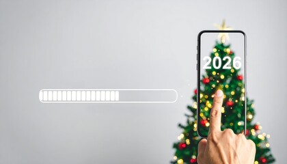 Digital Transition to 2026 on Smartphone with Christmas Tree and Loading Bar