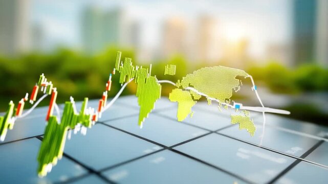 Green Investment: A conceptual image represents sustainable development with a globe made of leaves, overlaid on financial charts and solar panels.