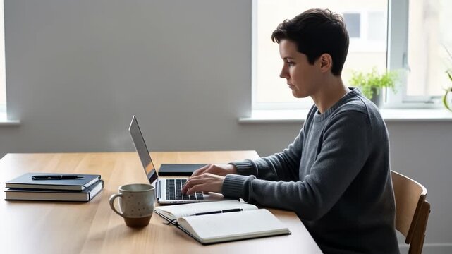 Woman works at desk with laptop, notebooks and mug in bright room