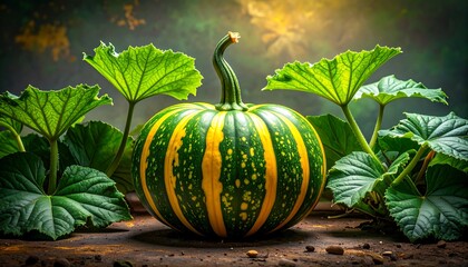 Vivid green-striped gourd, large leaves, earthy tones, soft background