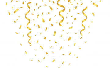 Golden confetti and ribbon streamers falling, celebrating party, anniversary, and new year events with luxury style on transparent background