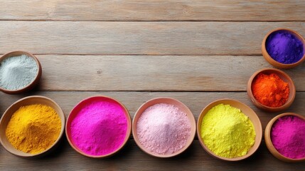 Vibrant Collection of Colorful Powders in Bowls on Wooden Surface for Creative Arts and Crafts Applications