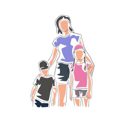 Young family, mother with two kids. Single mother, line art isolated vector illustration. Flat design