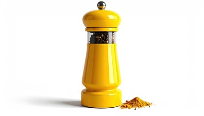 Brightly colored yellow pepper grinder filled with peppercorns stands next to a small pile of ground spice against a stark white backdrop, creating a clean and eye-catching culinary image suitable...
