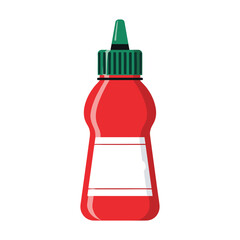 Obraz premium Spicy red chili pepper hot sauce in a squeeze bottle with a white label.