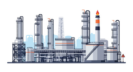 Obraz premium Stylized vector illustration showcasing an industrial complex with refineries and pipelines against a muted backdrop highlighting technological