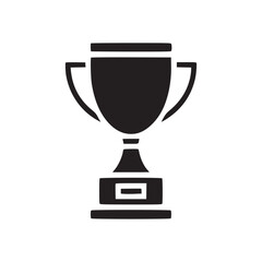 A simple dark blue trophy icon with handles and a base on a plain white background illustration