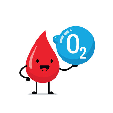 A cute cartoon blood drop character holding a bubble with O2 inside representing oxygen transport in the body.