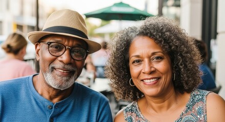 Happy couple enjoying a sunny afternoon at an outdoor cafe in a vibrant city setting with friends nearby