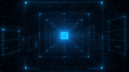 Fototapeta premium Abstract blue tunnel with glowing lines and geometric shapes for futuristic concept