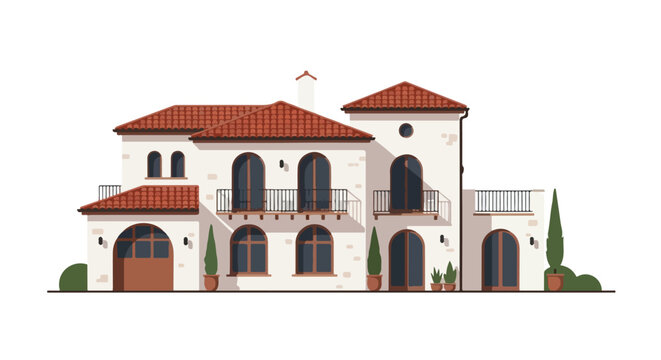 Mediterranean villa illustration, showcasing architectural design with warm terra cotta roofing and arched windows, highlighting the elegance and