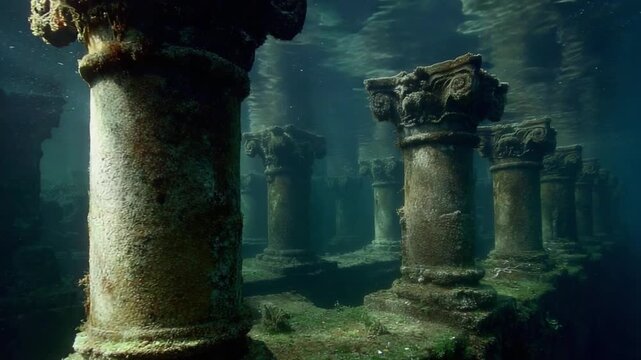 Submerged Ancient Pillars:  An awe-inspiring view of majestic ancient columns, their weathered forms standing in the depths of the sea.