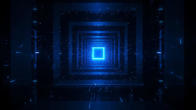 Abstract digital tunnel with glowing blue light squares offering a futuristic technology experience