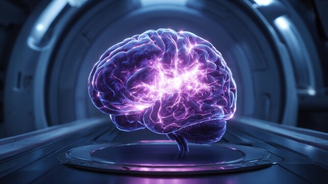 Futuristic digital brain with glowing neural connections, suspended in a high-tech environment, showcasing advanced technology and innovation in neuroscience and artificial intelligence - Powered by Adobe