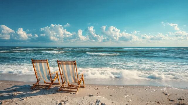 Beach Chairs on a Serene Coastline: Two inviting beach chairs rest on a sandy shore, facing a tranquil expanse of sea and sky. This vista promises relaxation, leisure.