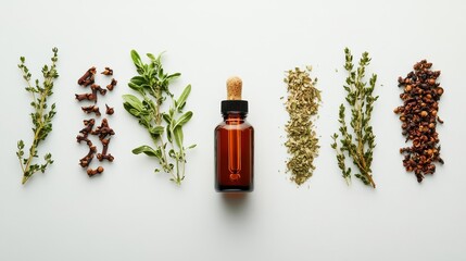 Herbal essential oils with various dried herbs and spices arranged in a minimalist layout on a white surface