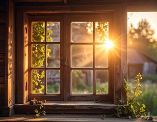 Window View with Sunstar and Rustic Wood Frame at Sunset