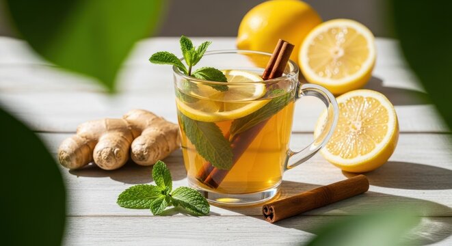 Fresh herbal tea with lemon, ginger, and mint served on a wooden table in warm afternoon sunlight